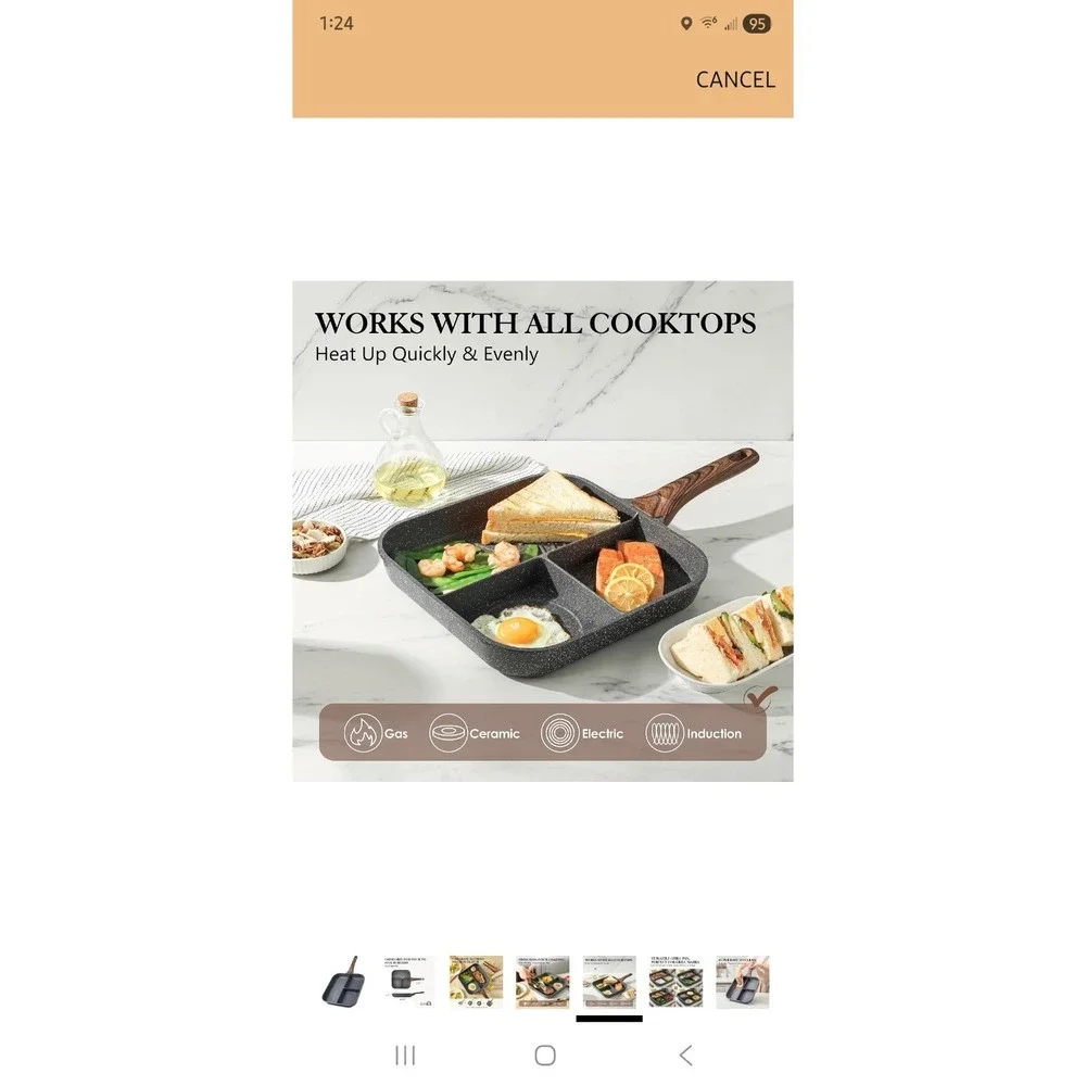 Sensarte Nonstick 11-Inch Square Grill Pan 3-Section Versatile Skillet